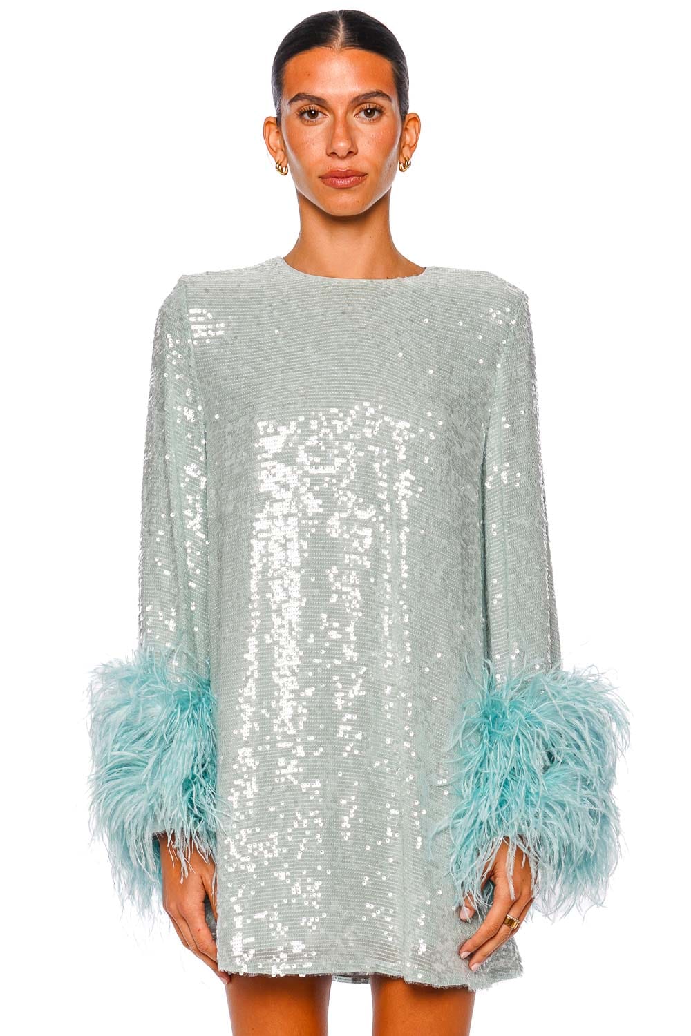 LAPOINTE Sequin Shift Dress with Feather Cuffs Long Sleeves Soft Blue
