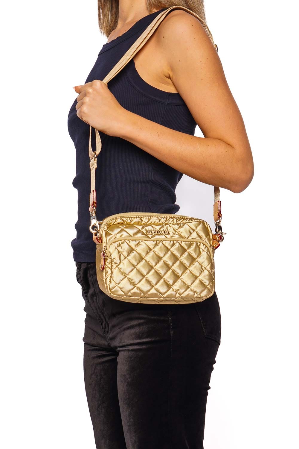 MZ Wallace Light Gold Pearl Metallic Quilted Camera Bag