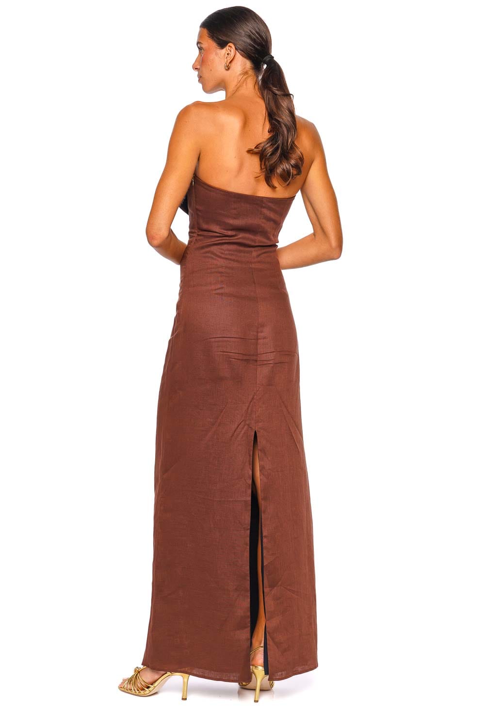 Azulu Bianca Umber Brown Strapless Column Maxi Dress