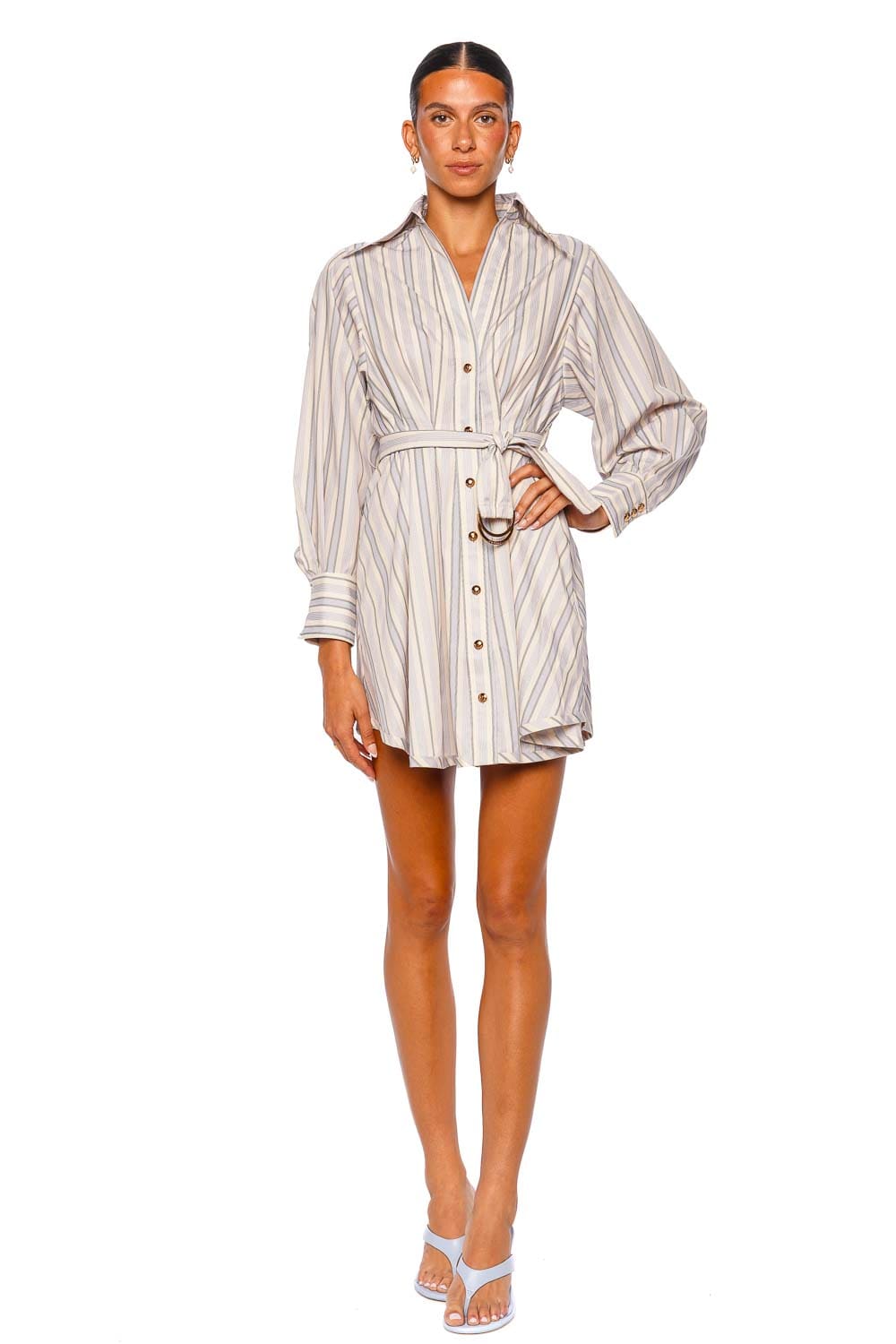 Stripe Tuck Belted Mini Shirt Dress