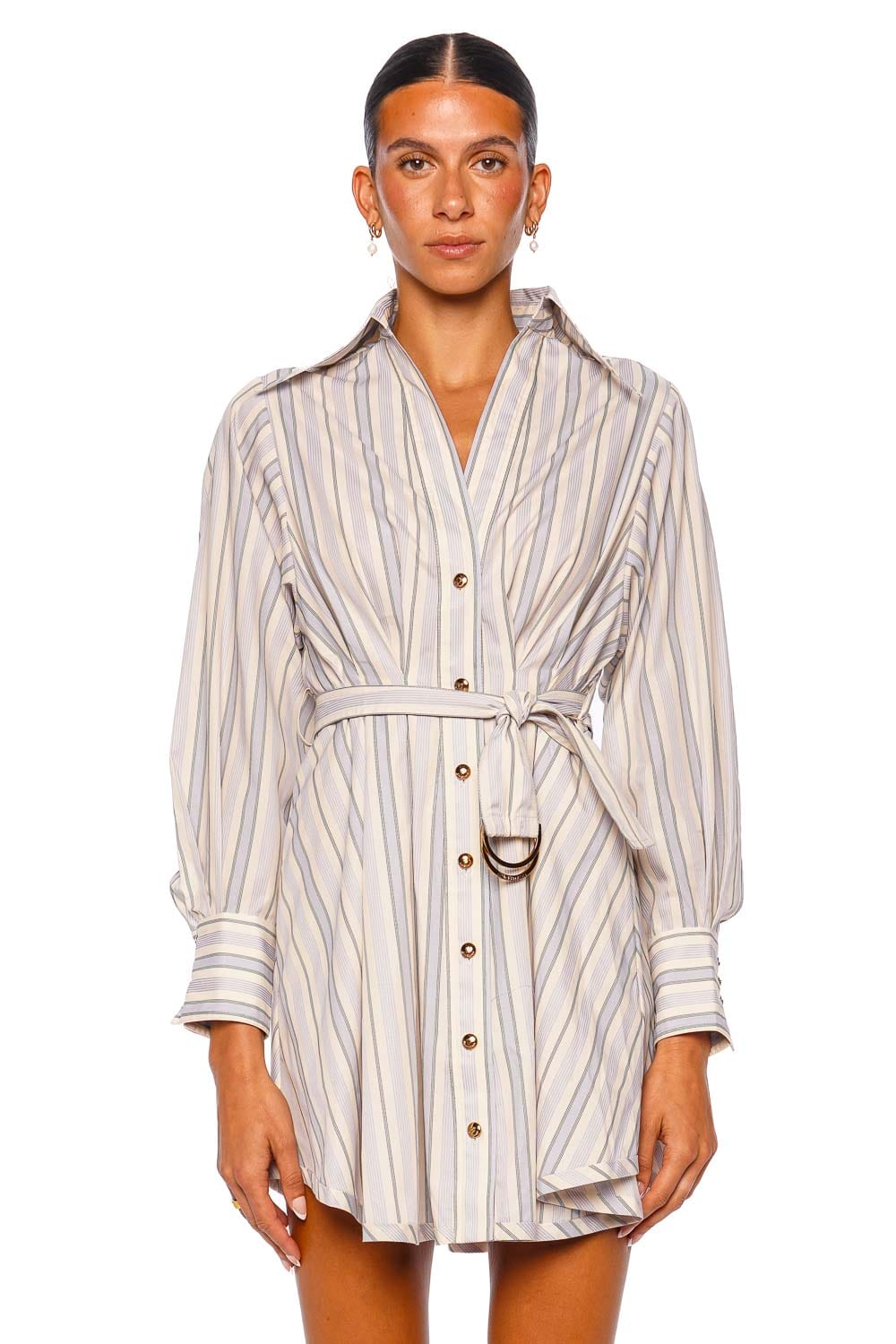 ZIMMERMANN Stripe Tuck Mini Dress Long Sleeve Blue Green Stripe