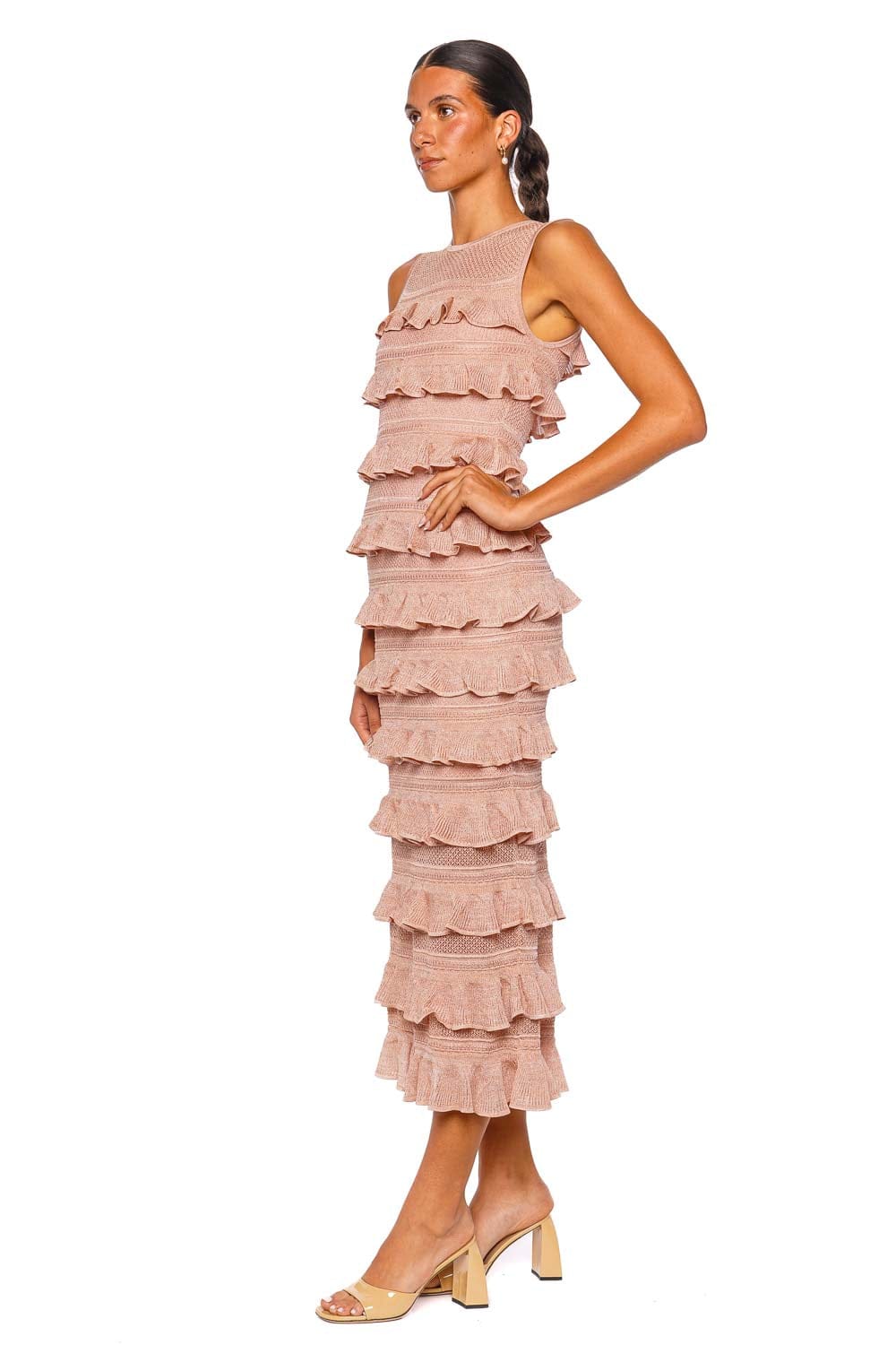 ZIMMERMANN Luna Lace Frill Metallic Rose Gold Sleeveless Midi Dress