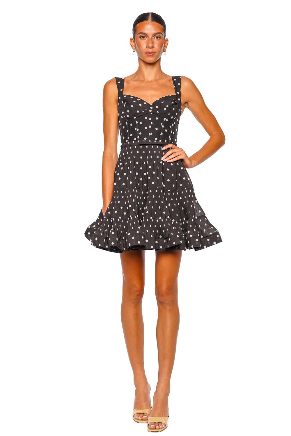 ZIMMERMANN Pleated Draped Black Dot Strappy Mini Dress