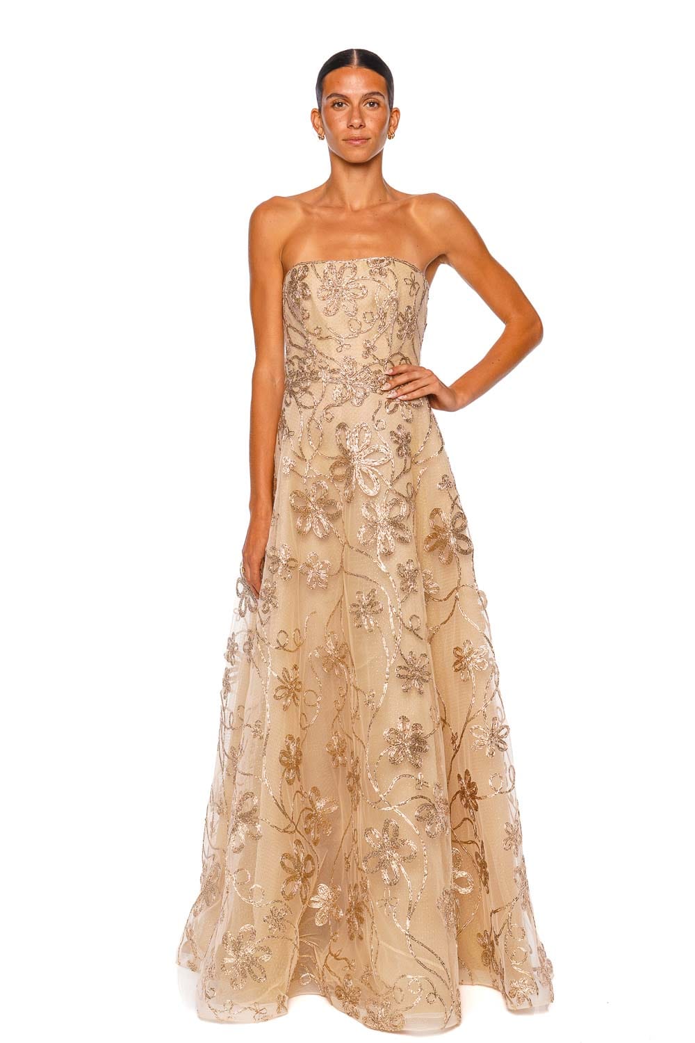 Naeem Khan Strapless Raffia Nude Gold Embroidered Gown