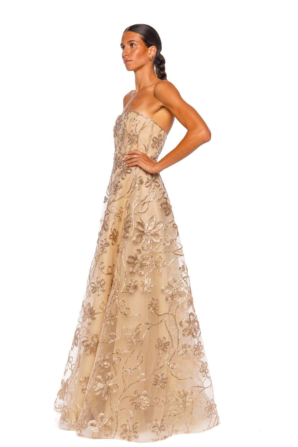 Naeem Khan Strapless Raffia Nude Gold Embroidered Gown