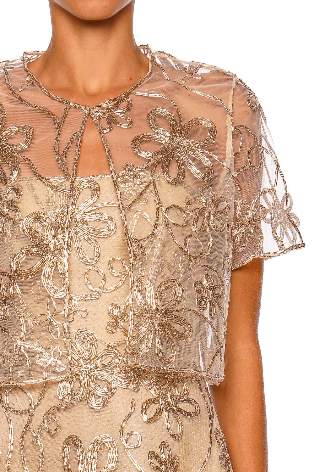 Naeem Khan Nude Gold Short Sleeve Raffia Bolero