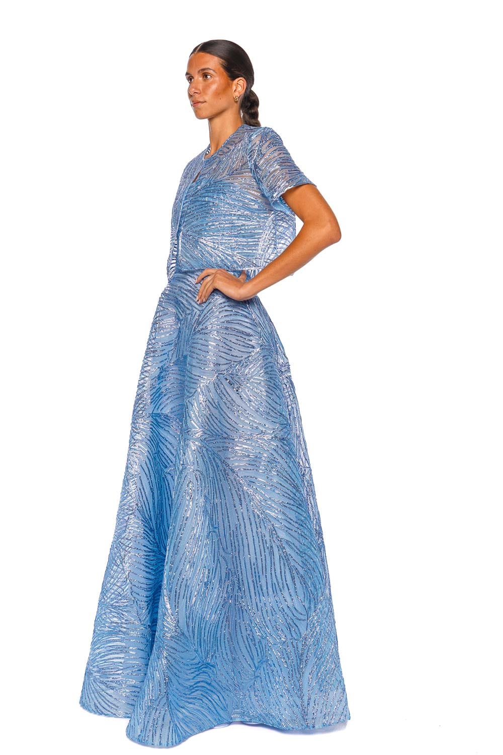 Naeem Khan Ocean Blue Raffia Short Sleeve Bolero