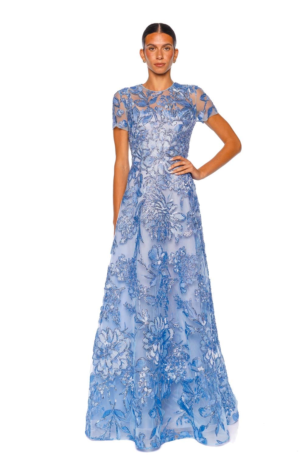 Naeem Khan Short Sleeve Floral Raffia Pale Blue Silver A-Line Gown
