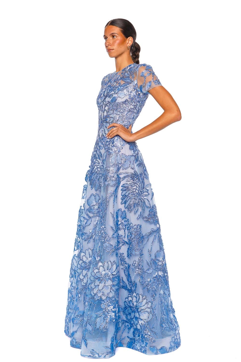 Naeem Khan Short Sleeve Floral Raffia Pale Blue Silver A-Line Gown