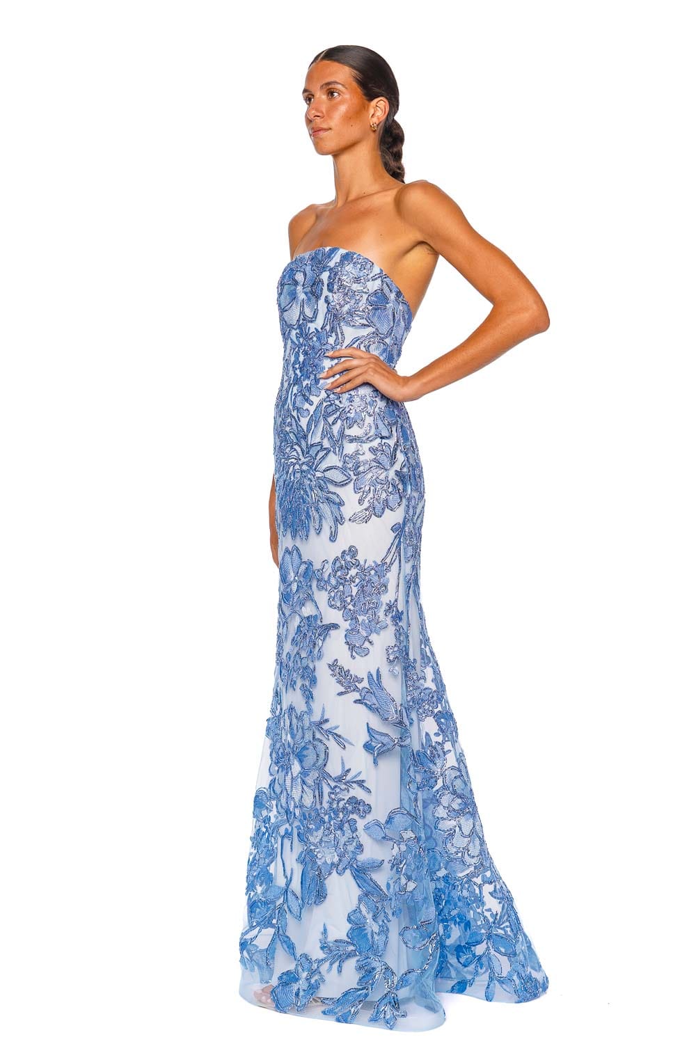 Naeem Khan Strapless Floral Raffia Pale Blue Silver Fit and Flare Gown