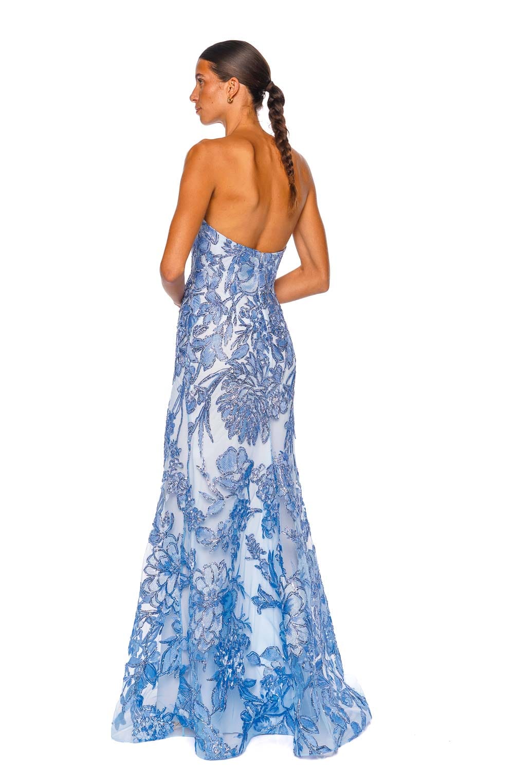 Naeem Khan Strapless Floral Raffia Pale Blue Silver Fit and Flare Gown