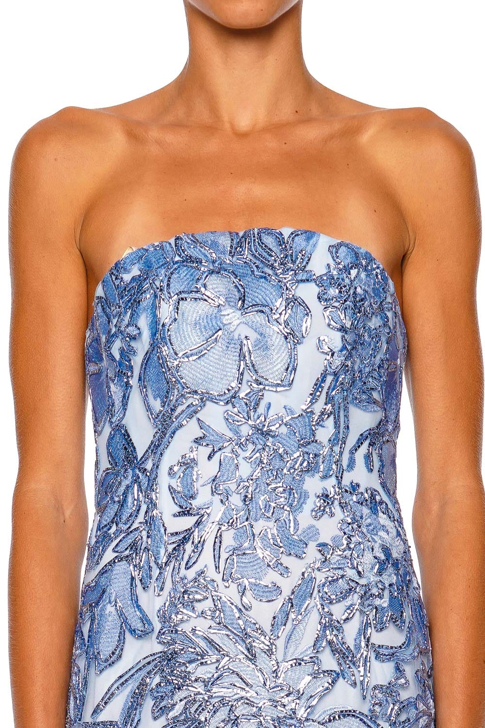 Naeem Khan Strapless Floral Raffia Pale Blue Silver Fit and Flare Gown