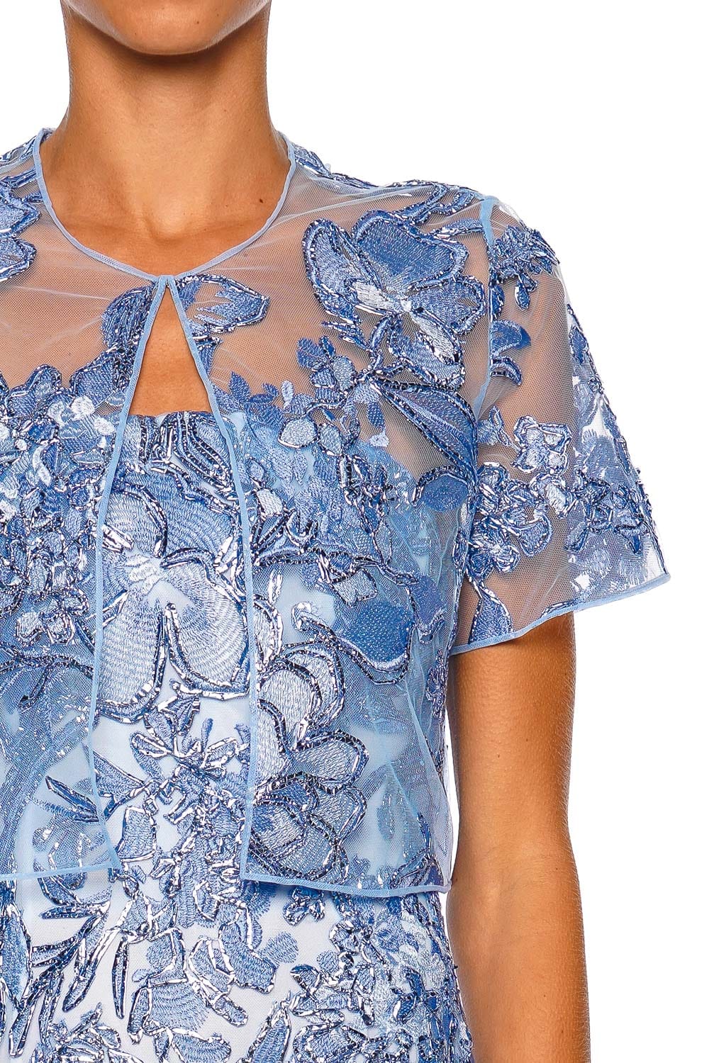 Naeem Khan Pale Blue Silver Short Sleeve Floral Raffia Bolero