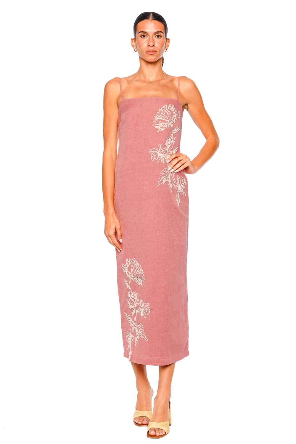 Hemant and Nandita Dusty Pink Floral Embroidered Strappy Midi Dress