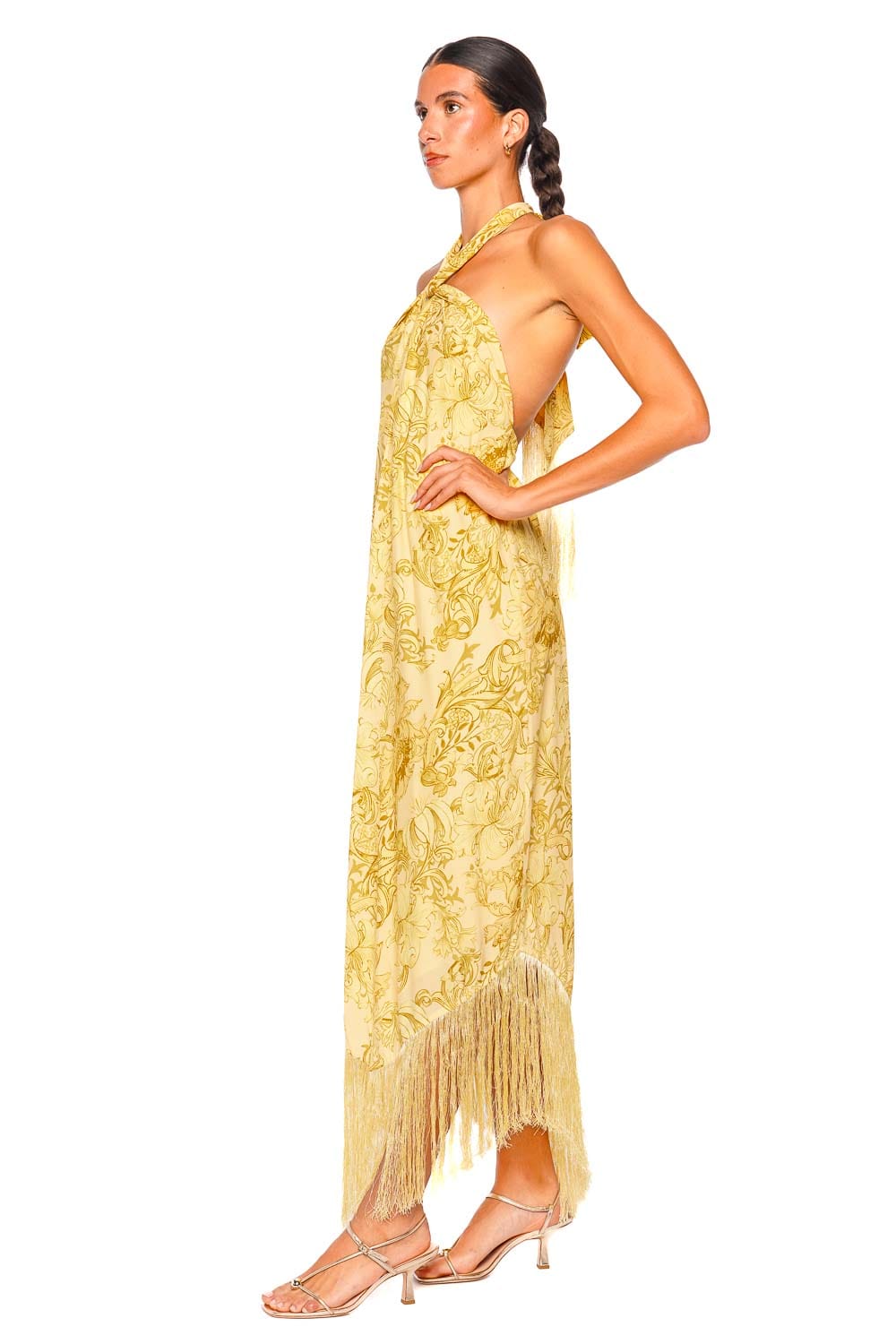 Hemant and Nandita Zar Yellow Asymmetrical Fringed Halter Maxi Dress