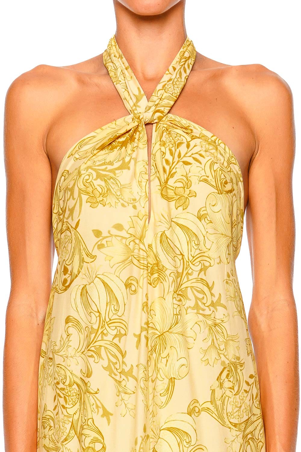 Hemant and Nandita Zar Yellow Asymmetrical Fringed Halter Maxi Dress