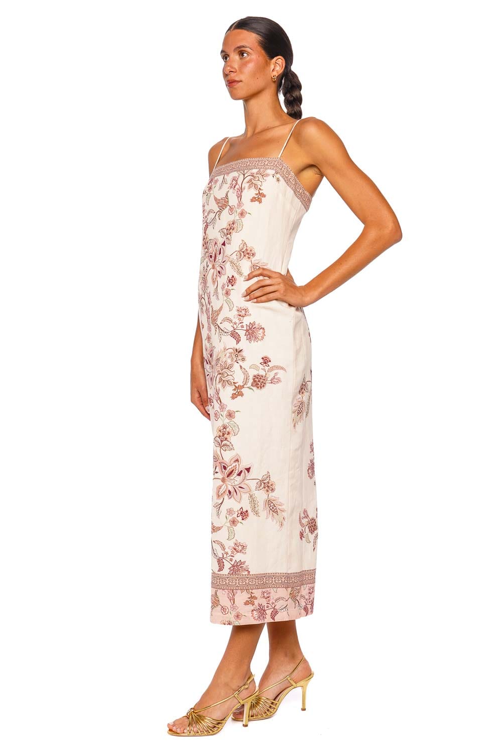 Hemant and Nandita Dani Strappy Floral Embroidered Midi Dress Ivory Multi
