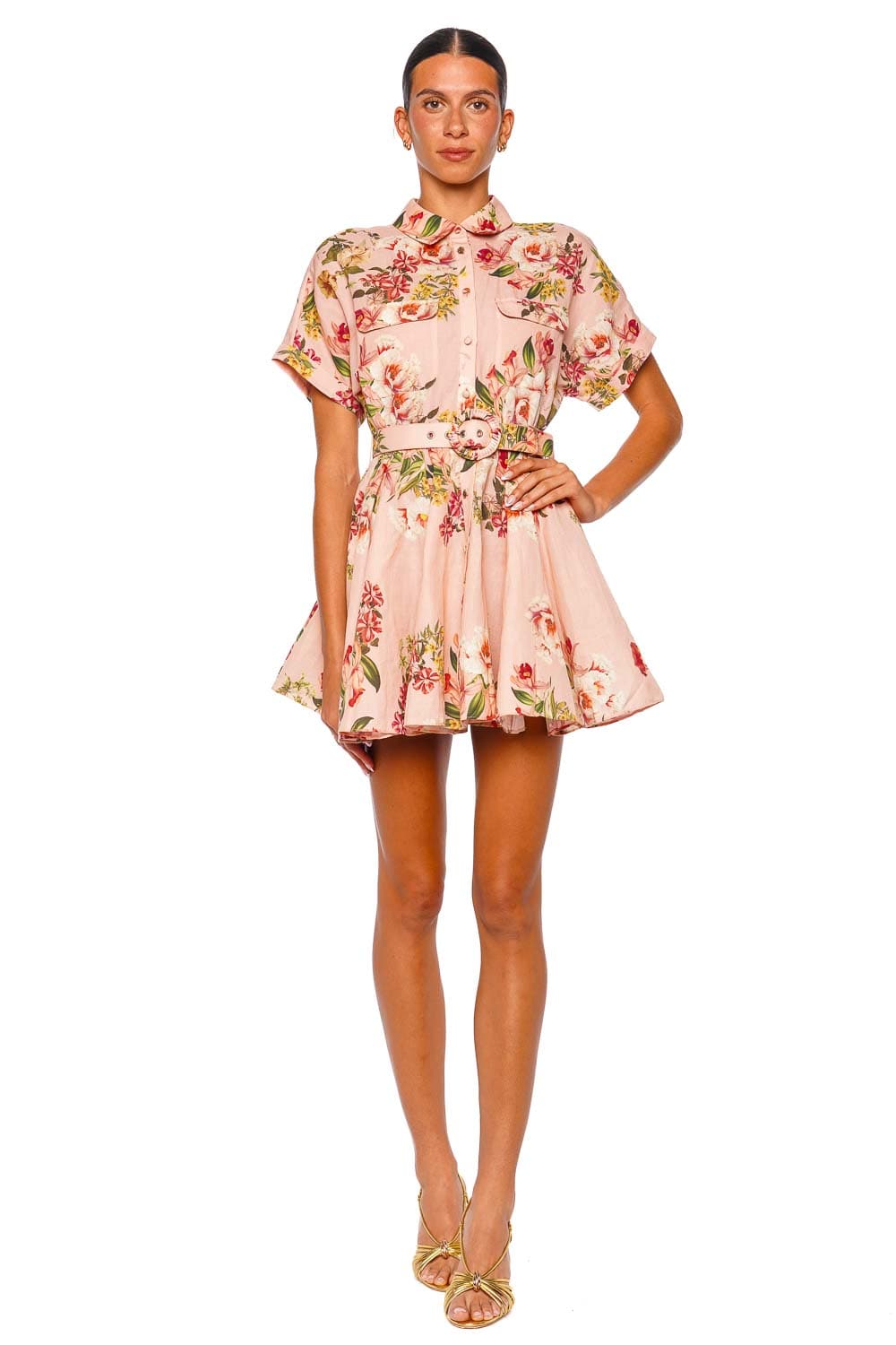 Hemant and Nandita Ayla Peach Floral Short Dress with Short Sleeves