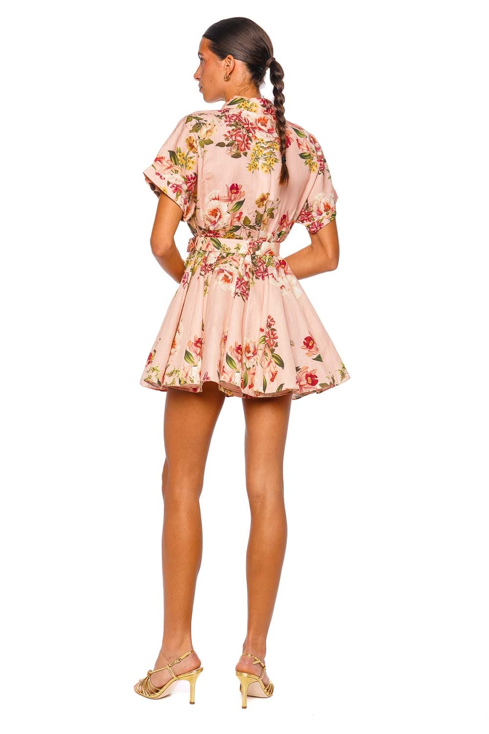 Hemant and Nandita Ayla Peach Floral Short Dress with Short Sleeves