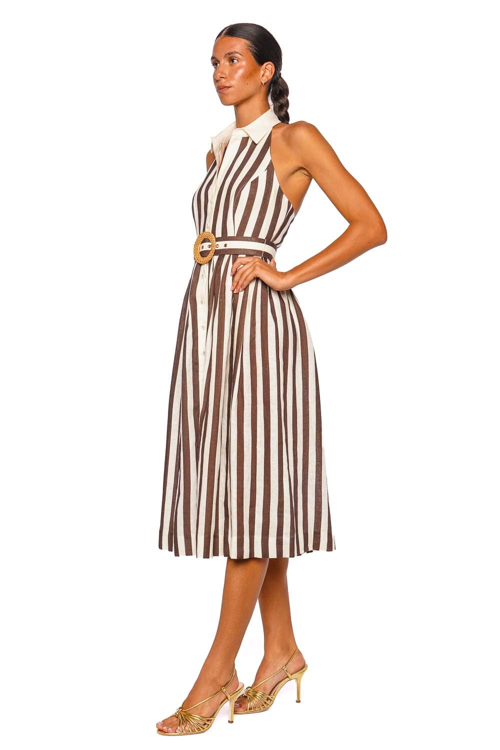 Cara Cara Quentin Brown Ivory Stripe Sleeveless Halter Midi Dress