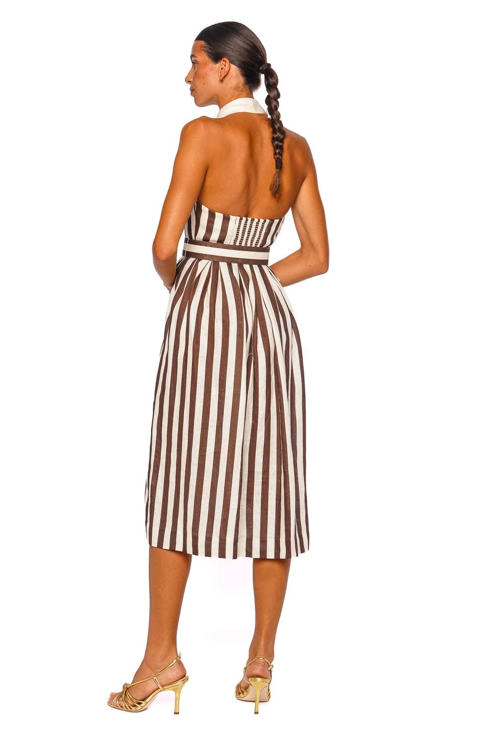 Cara Cara Quentin Brown Ivory Stripe Sleeveless Halter Midi Dress