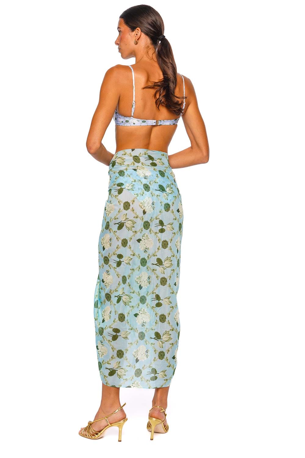 Verandah Silk Cotton Pareo Ice Blue Emerald Floral Sarong Skirt