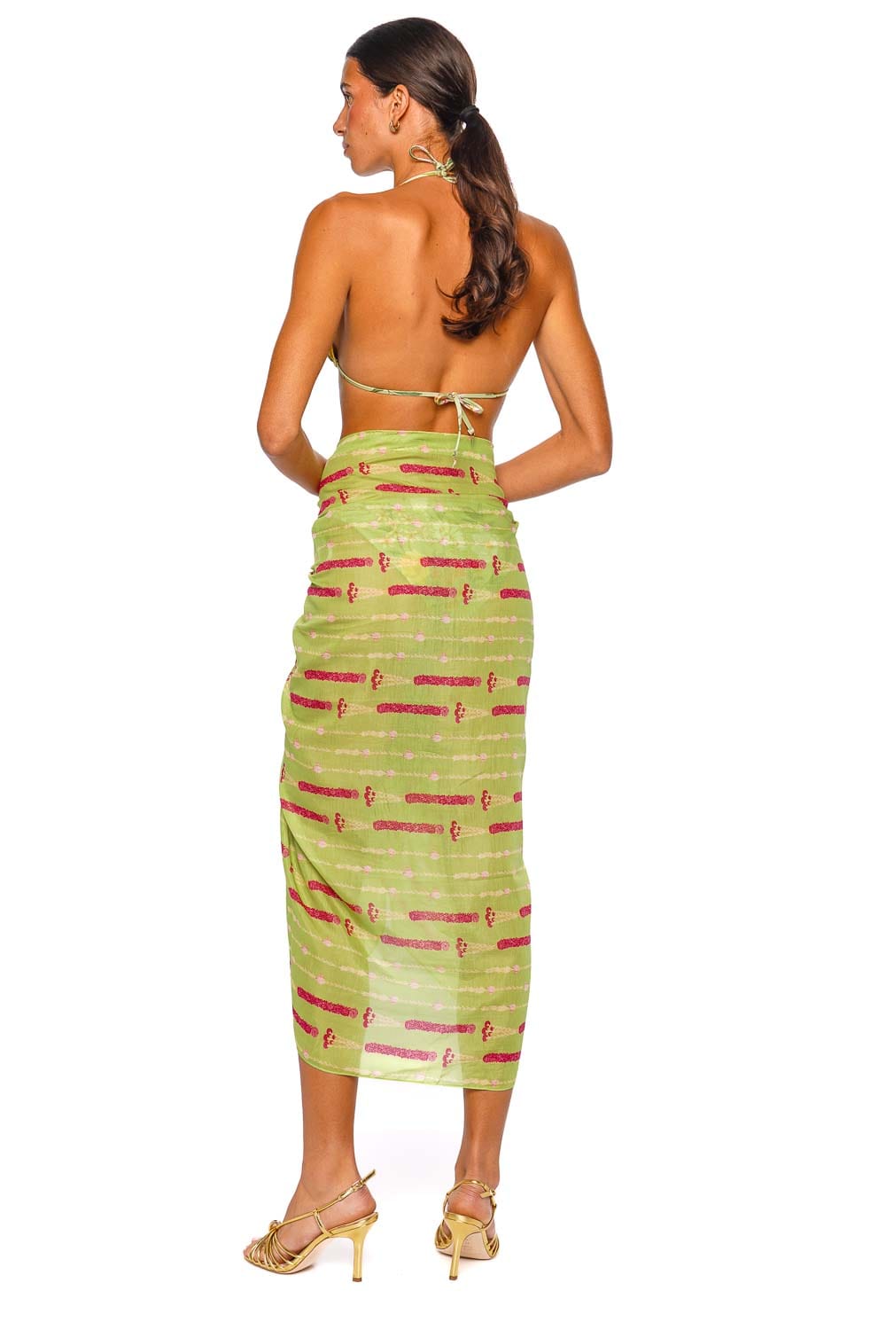 Verandah Silk Cotton Pareo Sage Floral Stripe Wrap Midi Skirt