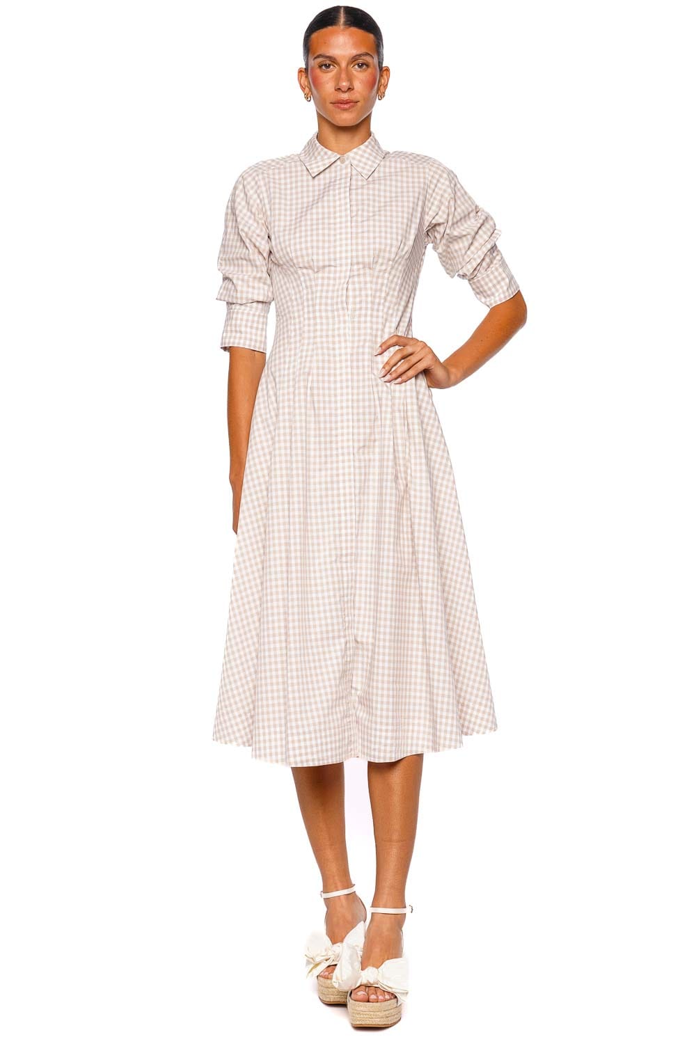 knee length dresses for ladies Jazz Sand Gingham Pintuck Midi Dress