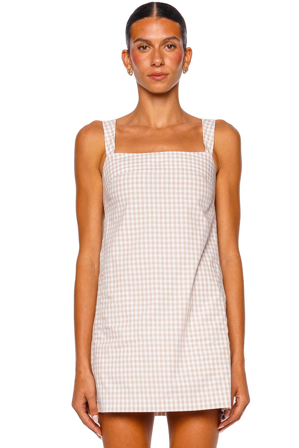 SIMKHAI Sloan Sand Gingham Cotton Mini Dress