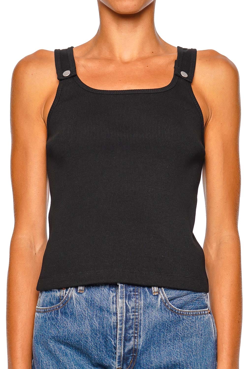 Still Here Snap Tank Black Sleeveless Ribbed Top