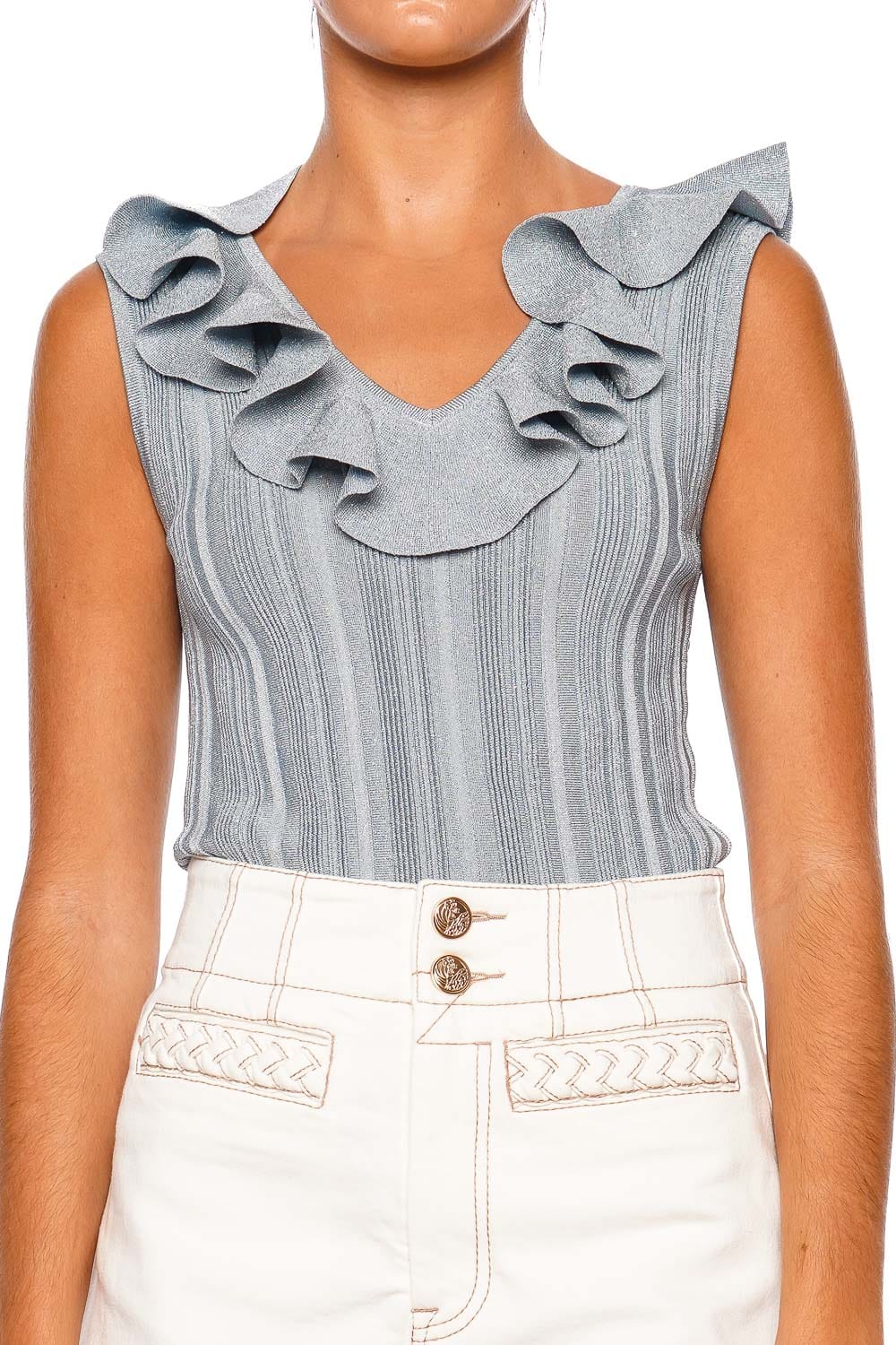 ZIMMERMANN Aster Metallic Frill Metallic Blue Sleeveless Top