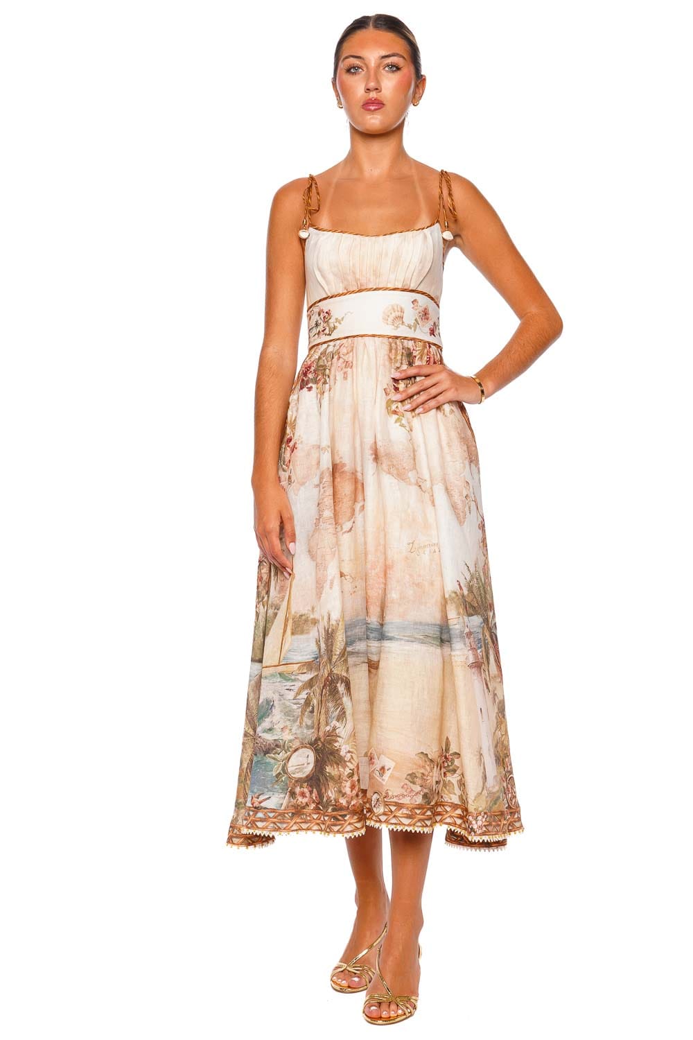ZIMMERMANN Mahon Island Tie Shoulder Picnic Midi Dress