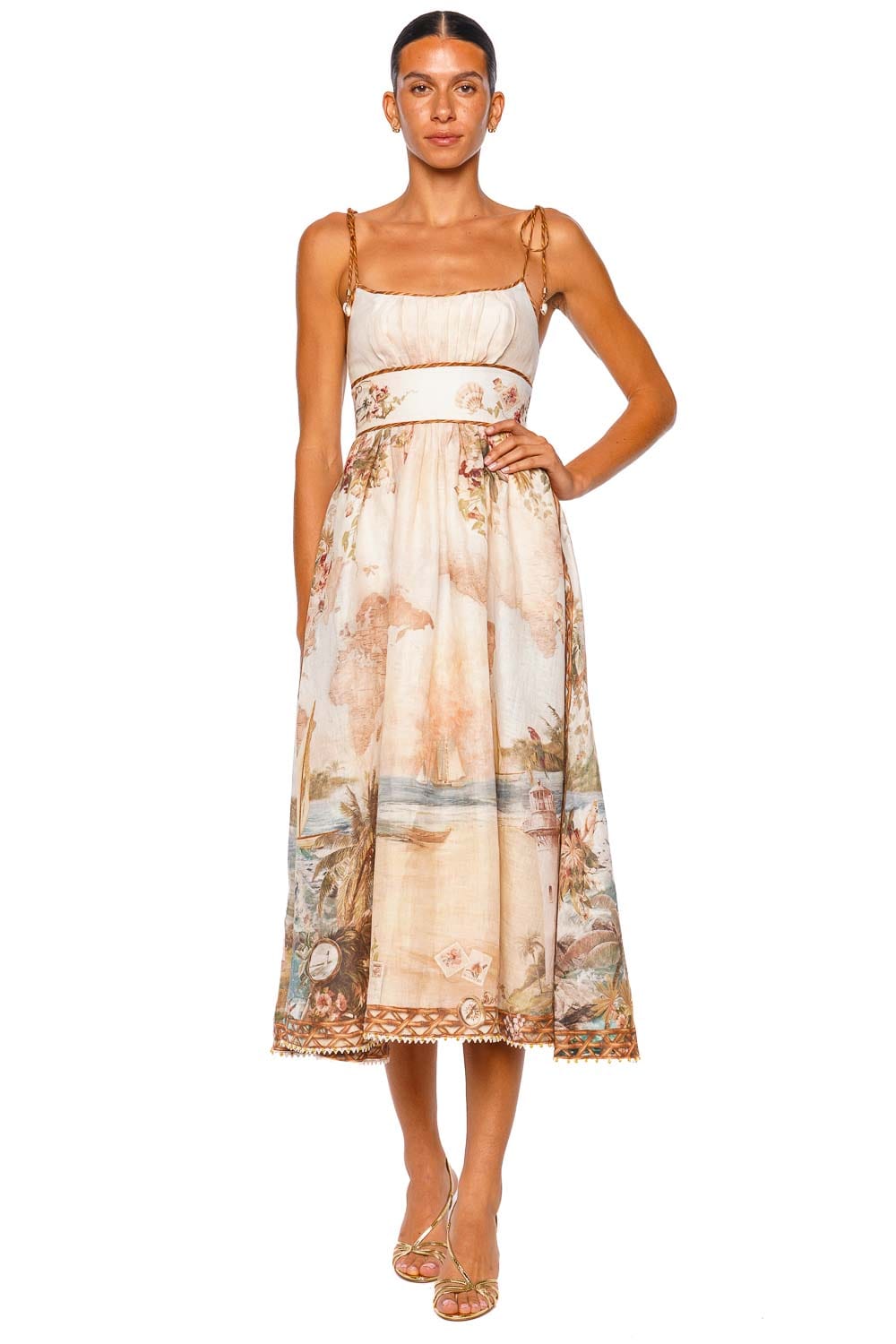 ZIMMERMANN Mahon Picnic Island Map Blue Strappy Midi Dress