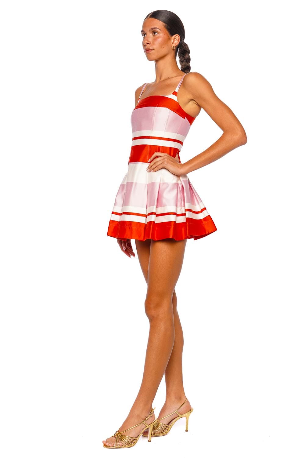 SIMKHAI Nelly Bustier Tulip Stripe Mini Dress with Fixed Straps Red and Pink