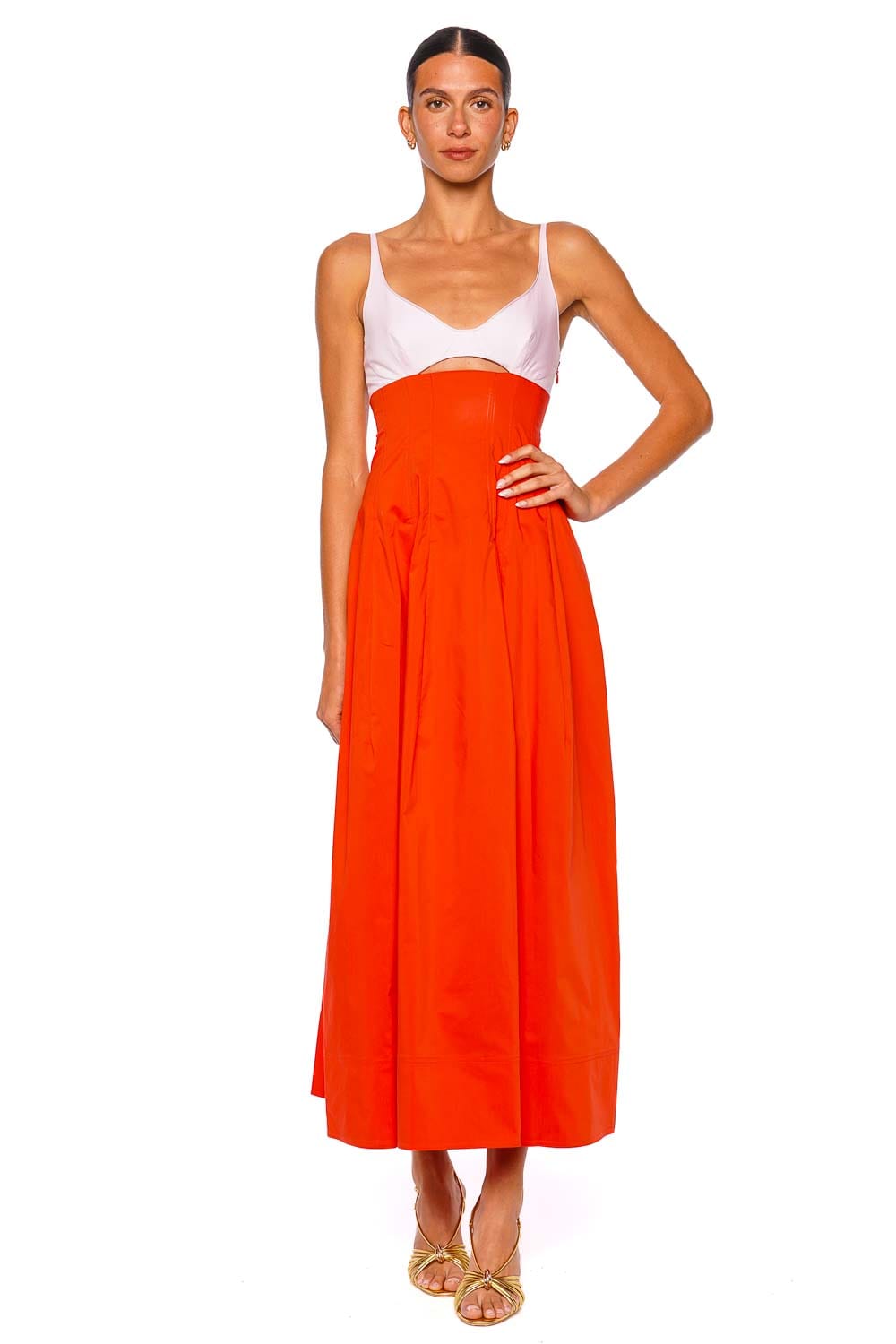 SIMKHAI Maddy Cotton Lobster Multi Colorblock Midi Dress with Spaghetti Straps