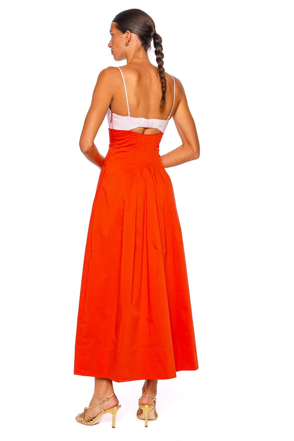 SIMKHAI Maddy Cotton Lobster Multi Colorblock Midi Dress with Spaghetti Straps