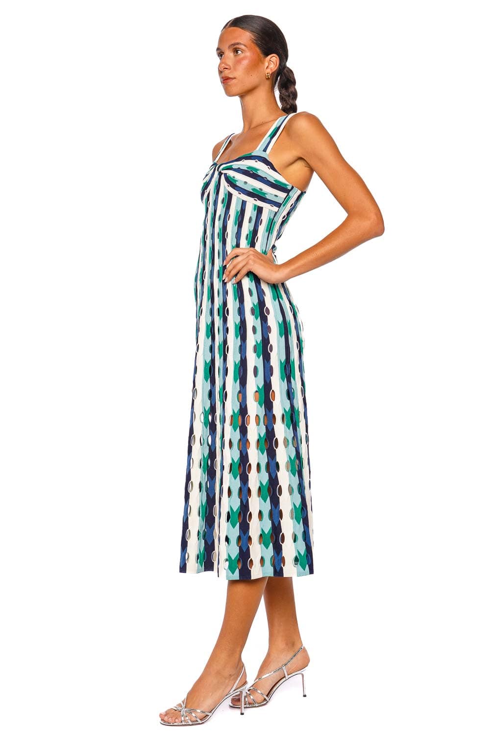 SIMKHAI Christina Knit Kelly Green Multi Striped Midi Dress with Wide Straps