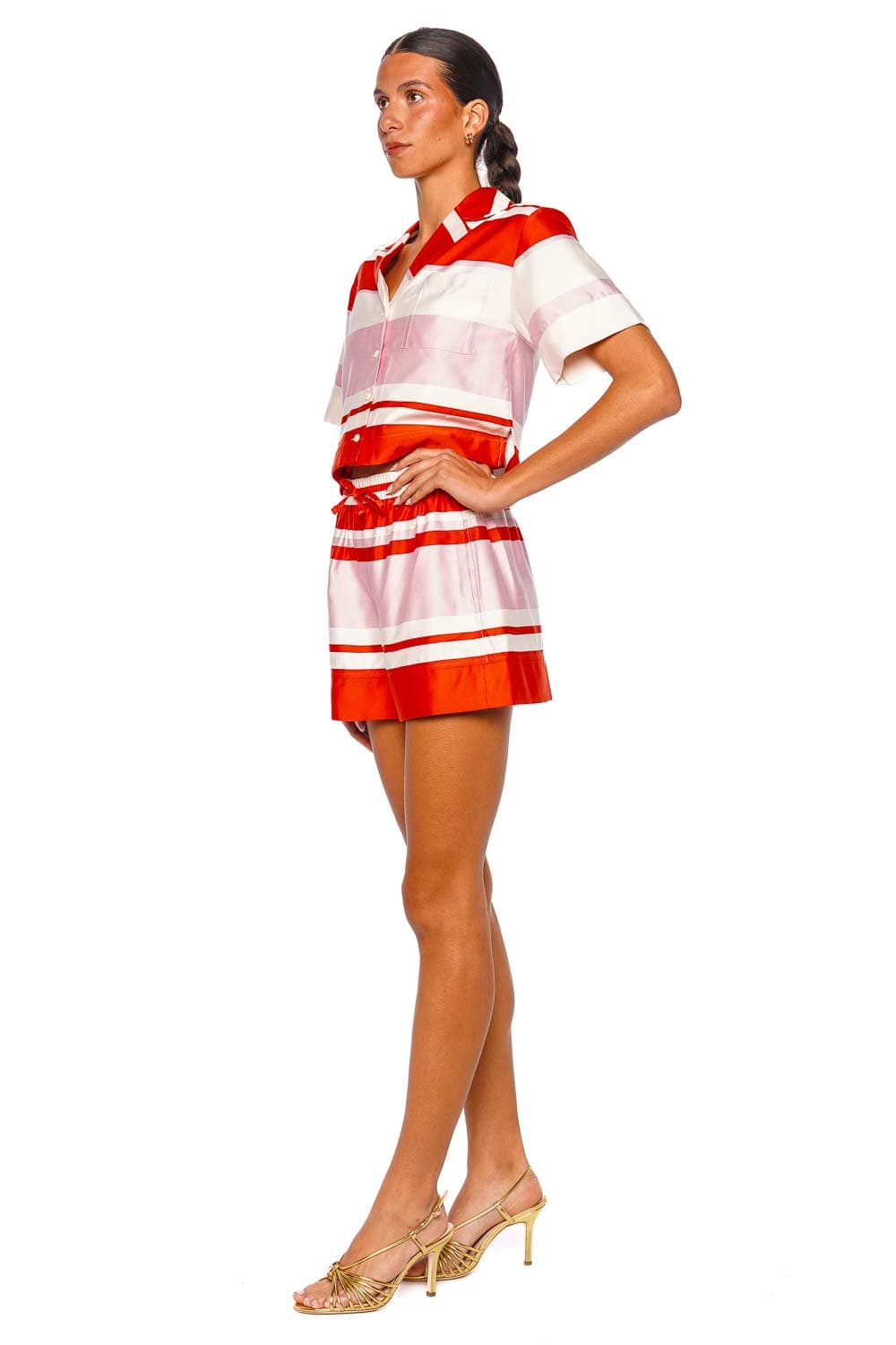 SIMKHAI Bailee Tulip Stripe Short Sleeve Camp Shirt Red and Pink