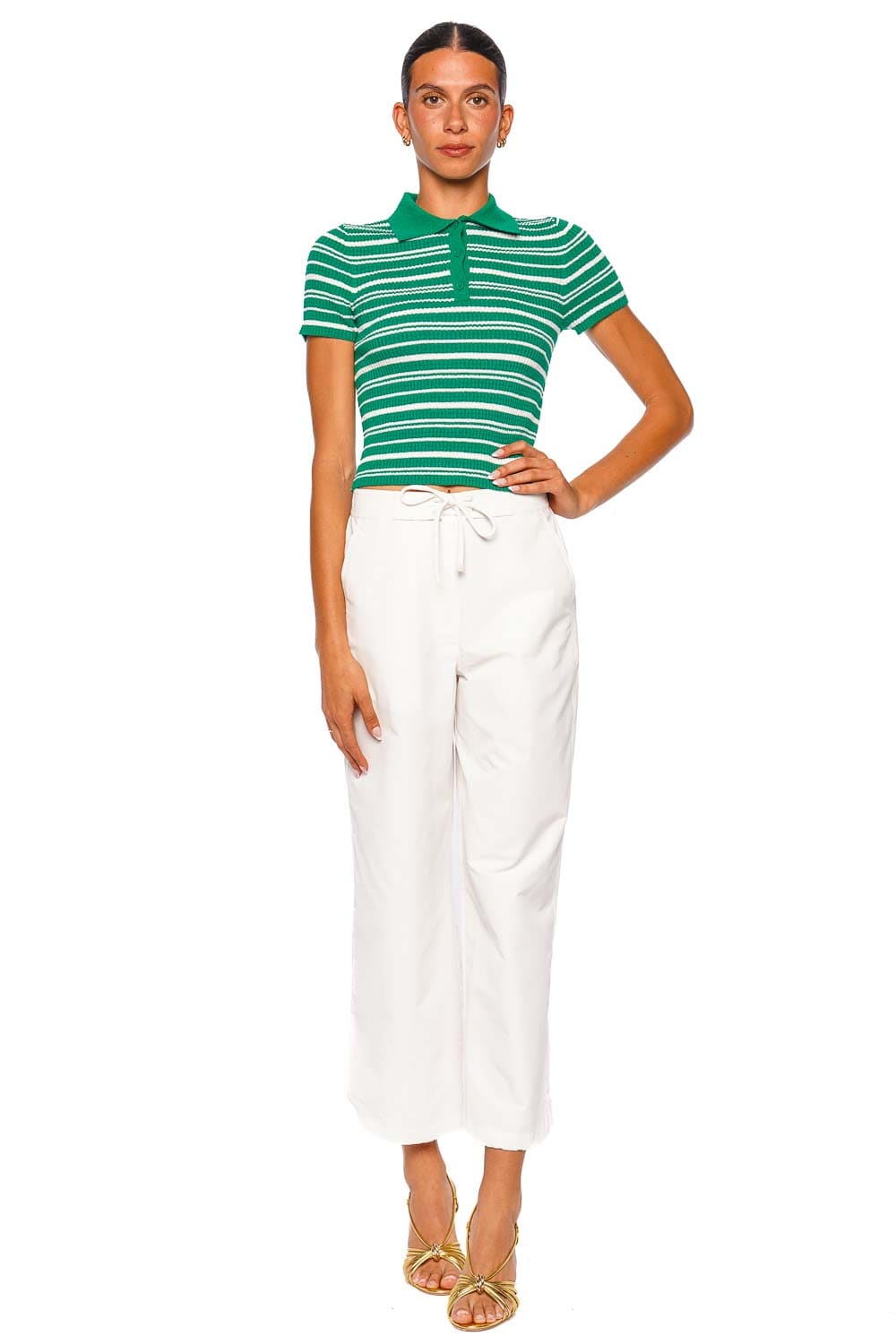 SIMKHAI Averie Kelly Green Stripe Knit Polo Top Short Sleeve