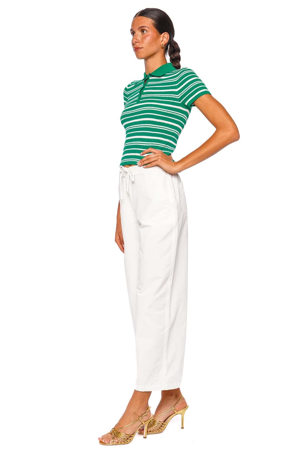 SIMKHAI Averie Kelly Green Stripe Knit Polo Top Short Sleeve