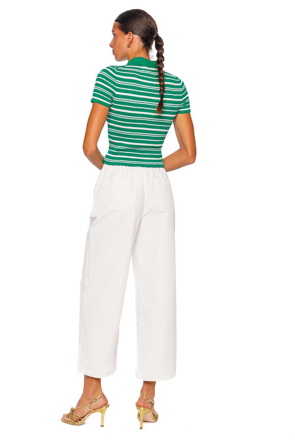 SIMKHAI Averie Kelly Green Stripe Knit Polo Top Short Sleeve