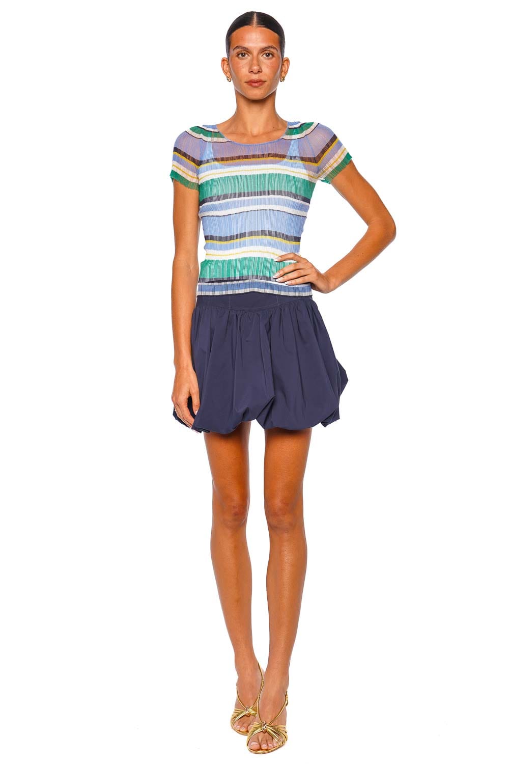 SIMKHAI Knox Plisse Periwinkle Stripe Short Sleeve Top