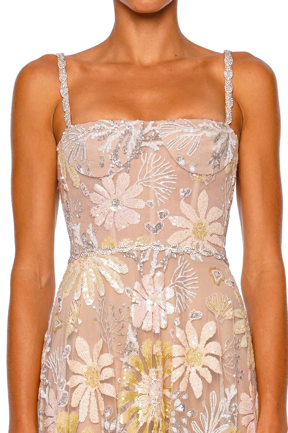 Bronx and Banco Midnight Embroidered Floral Multi Strap Gown