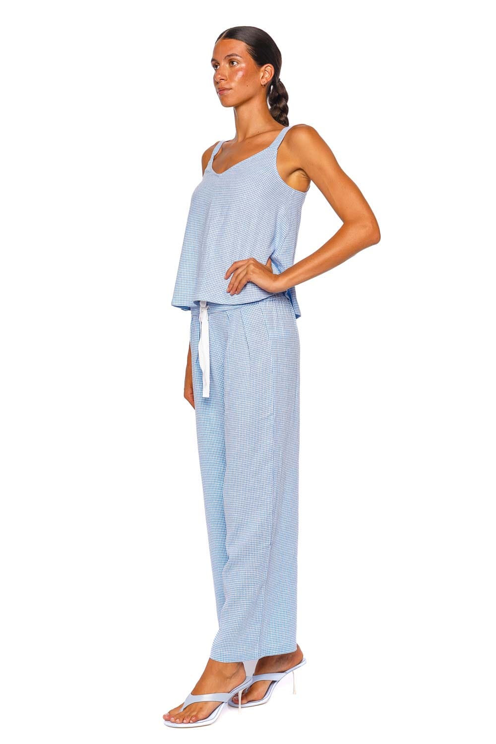 Eberjey Linen Blend V Neck Cami Blue Gingham Sleeveless Top