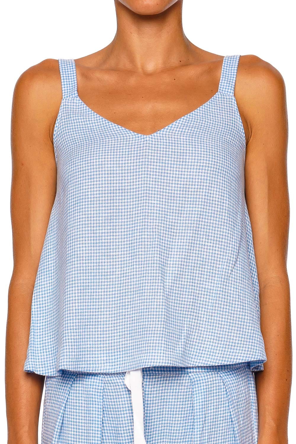 Eberjey Linen Blend V Neck Cami Blue Gingham Sleeveless Top