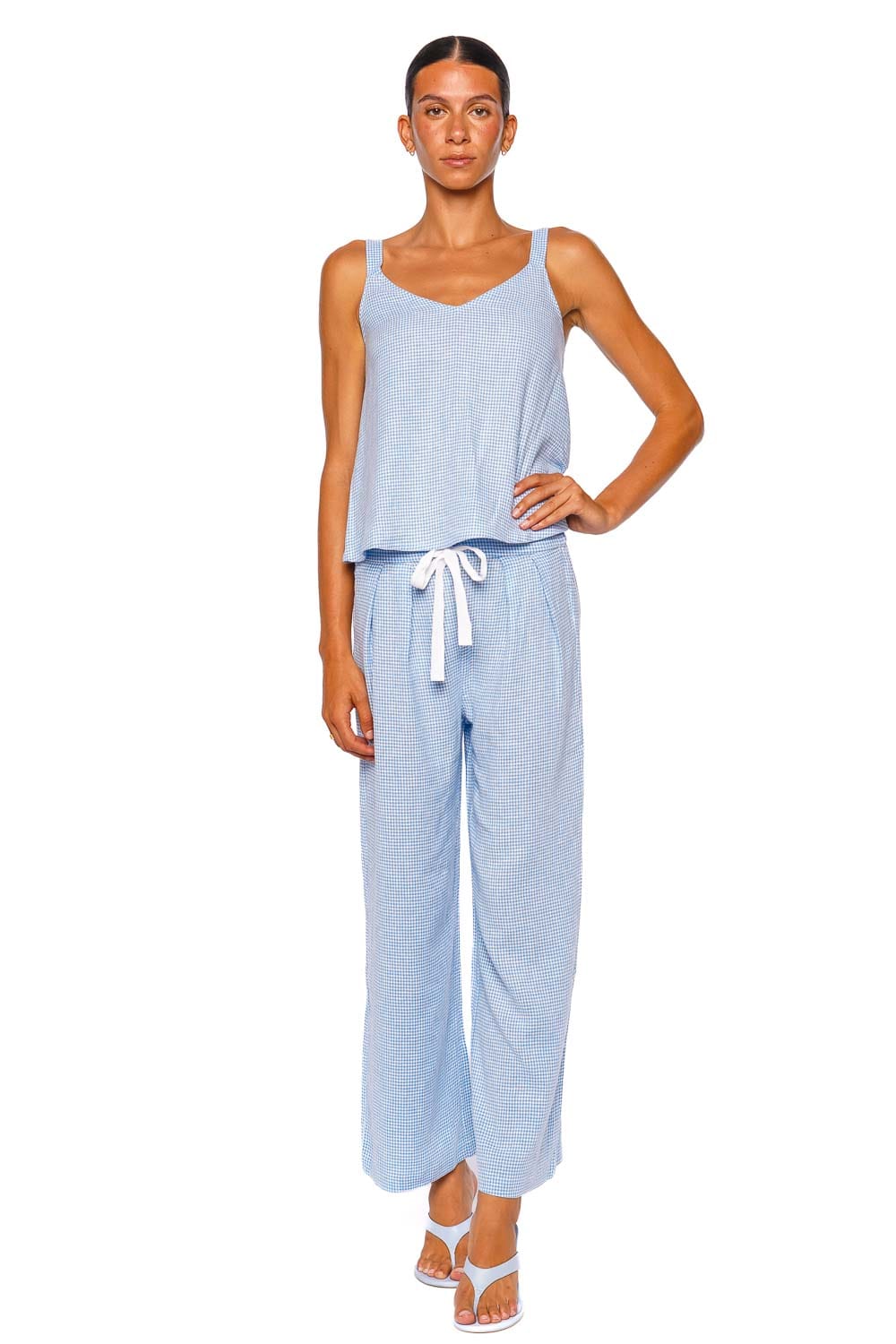 Eberjey Linen Blend Relaxed Pant Blue Gingham Wide Leg Pant