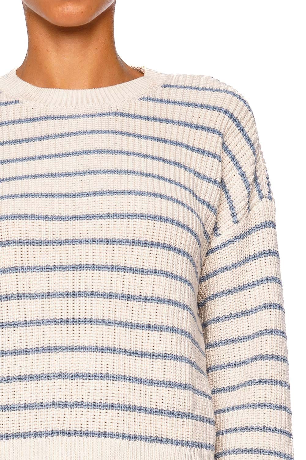Eberjey Coastal Cotton Sweater Long Sleeve Crewneck Stripe Almond Heather Faded Denim Pullover