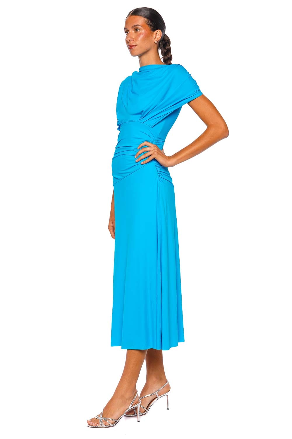 Rachel Gilbert Aether Aquamarine Short Sleeve Draped Midi Dress