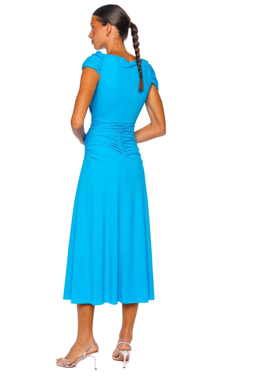 Rachel Gilbert Aether Aquamarine Short Sleeve Draped Midi Dress
