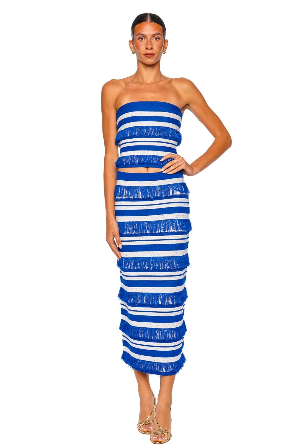 blue tube top dress Simkhai Cairo Royal Stripe Fringe Knit Tube Top